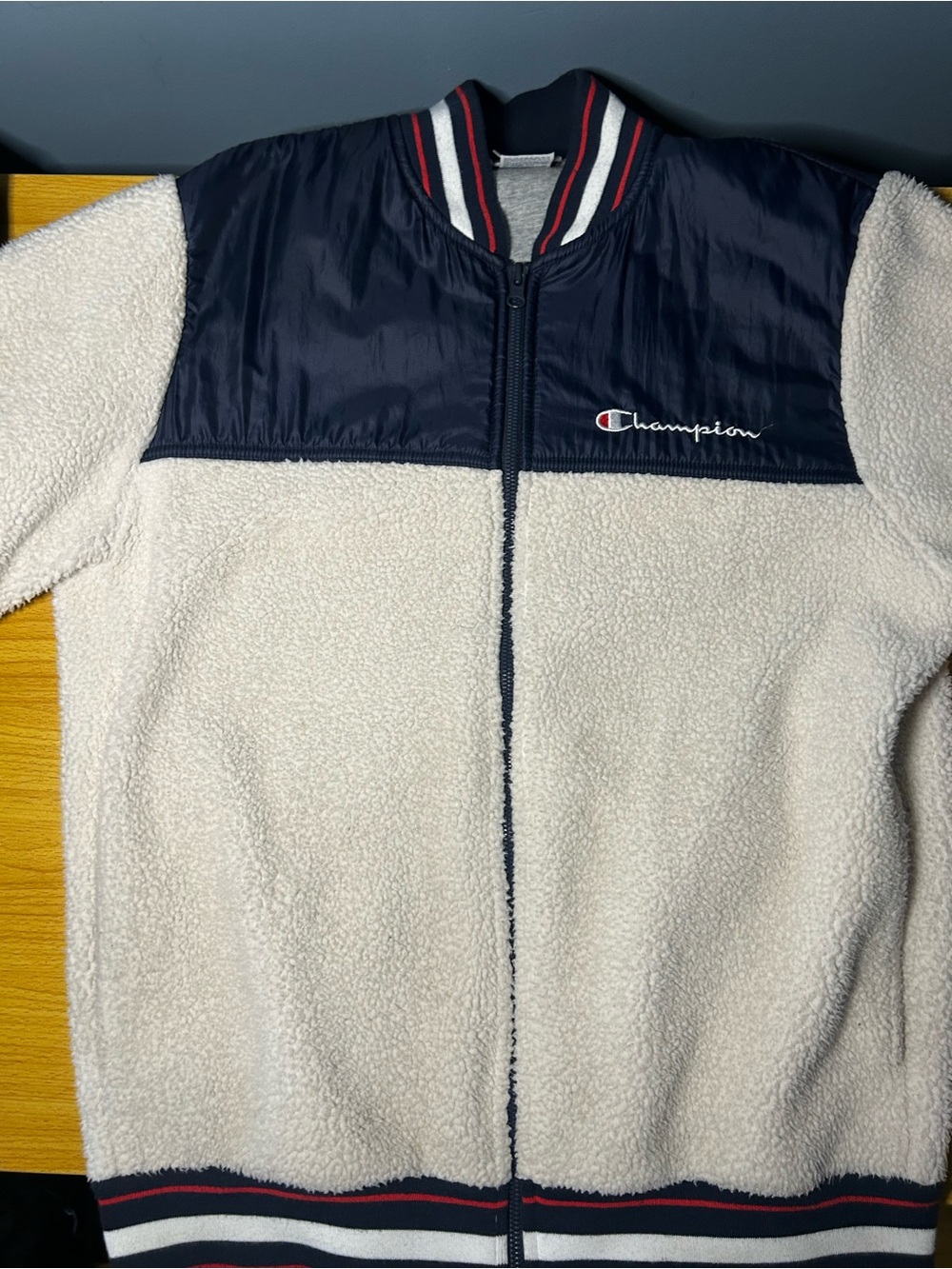 Champion Cream Sherpa Jacket with Navy Yoke and Striped Trim